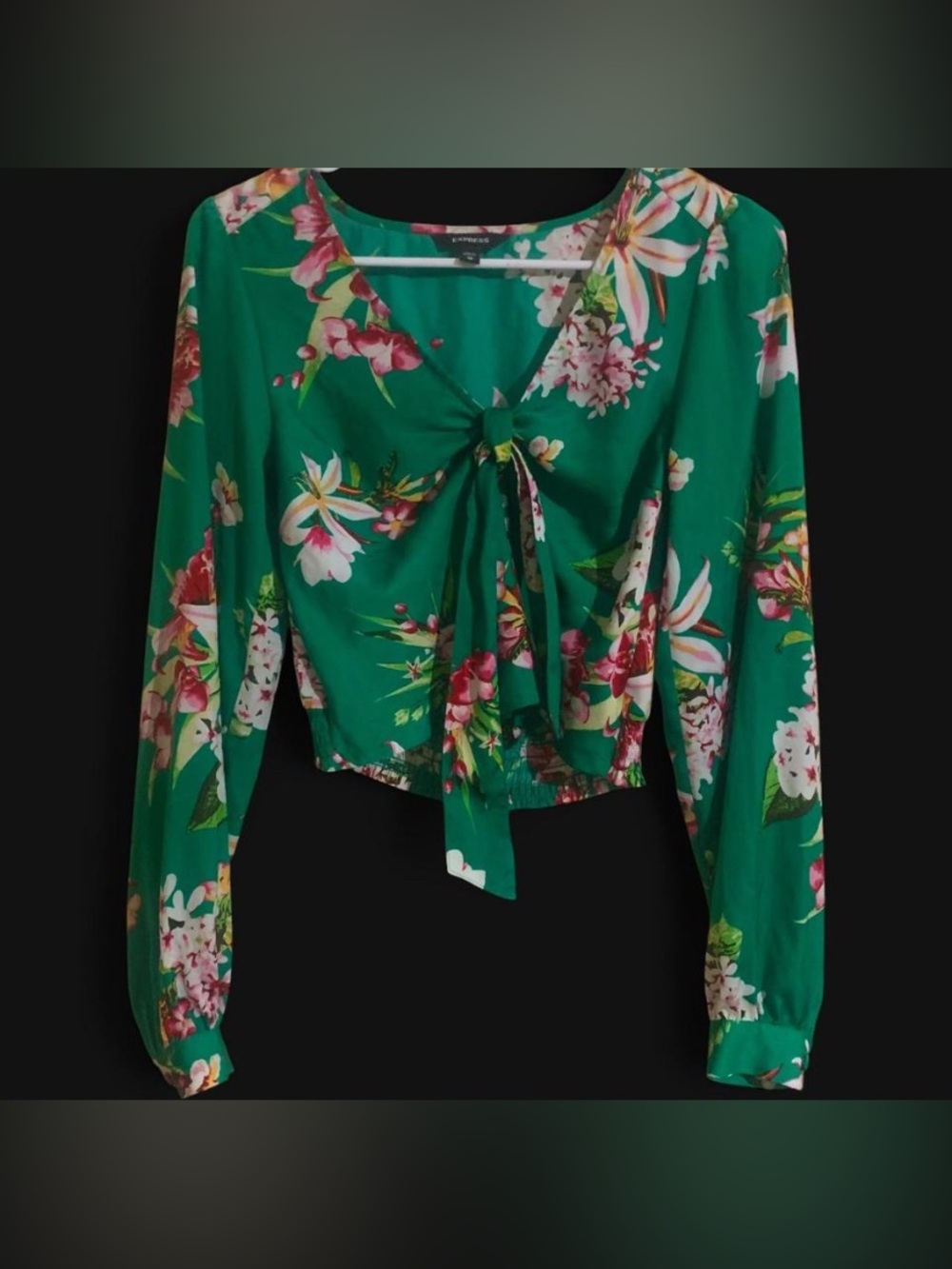 Emerald Floral Front Tie Crop Top Blouse